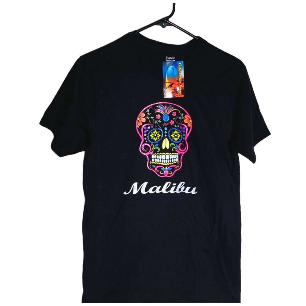 4/$25 Malibu Sugar Skull Day Of The Dead T Shirt Womens Black Floral Sz S